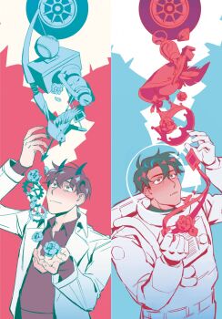 2boys astronaut baseball bird black_shirt box coat collared_shirt column_lineup commentary crown demon_horns diamond_(gemstone) dove english_commentary falling_paper film_reel flower gears hands_up hat helmet highres horns id_card kim_dokja lantern lava_lamp limited_palette movie_projector multiple_boys nemomosso official_alternate_costume omniscient_reader's_viewpoint open_clothes open_coat rose shirt smile space_helmet spacesuit upper_body white_coat yoo_joonghyuk