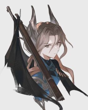 1girl black_cape blue_jacket cape cropped_torso grey_background grey_eyes grey_hair gun hair_ornament highres jacket long_hair looking_at_viewer military_uniform panmee parted_lips reverse:1999 rifle rifle_cartridge sentinel_(reverse:1999) side_cape solo upper_body v-shaped_eyebrows weapon