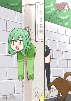 1boy :3 artist_name black_eyes black_shorts black_thighhighs brown_dog commentary_request dated dog green_hair highres hogerarara male_focus medium_hair open_mouth otori_tan outdoors peeing seitokai_ni_mo_ana_wa_aru! shorts sleeves_past_wrists stuck thighhighs translation_request twitter_username