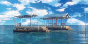 3d absurdres bench blue_sky boat chinese_commentary cloud commentary_request donghai_xian_yuwang highres landscape no_humans ocean original railroad_tracks reflection reflective_water scenery sky train_station utility_pole water watercraft