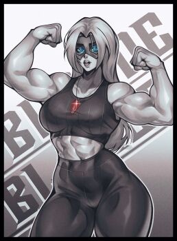 blonde_blazer blue_eyes dispatch flexing glowing glowing_eyes greyscale highres jewelry mask milka01477 monochrome muscular muscular_female necklace tank_top