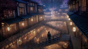 1girl 3d absurdres architecture artist_name black_hair bridge building commentary_request east_asian_architecture from_behind hanging_lantern highres japanese_clothes kimono lantern night original outdoors owenxc paper_lantern scenery short_hair solo stairs standing urban watermark