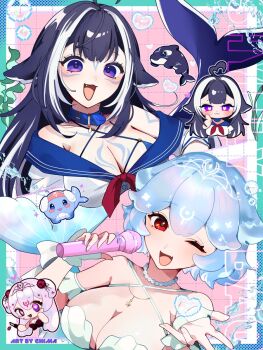 2girls animal_collar bao_the_whale black_hair blue_collar blue_hair blue_sailor_collar body_markings bow breasts bright_pupils cetacean_tail character_name chibi chimanakoneko cleavage collar commentary facial_mark fang fins fish_tail heart heart-shaped_pupils highres holding holding_microphone indie_virtual_youtuber jewelry microphone multicolored_hair multiple_girls necklace open_mouth orca orca_girl pearl_necklace purple_bow purple_eyes red_eyes sailor_collar shylily smile streaked_hair symbol-shaped_pupils tail virtual_youtuber whale white_hair white_pupils
