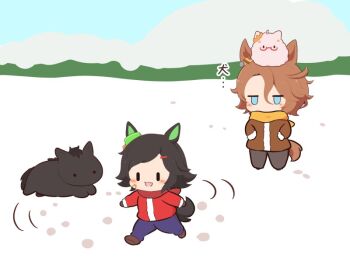 2girls :3 :d animal_ears biwa_hayahide_(umamusume) black_hair black_pants blue_eyes blue_pants blush bnw_(umamusume) bow brown_coat brown_hair brown_shoes chibi chibi_only coat commentary_request day ear_ribbon full_body glasses gomashio_(goma_feet) green_ribbon hair_between_eyes hair_ornament hairclip horse horse_ears horse_girl horse_tail jitome long_sleeves multiple_girls narita_taishin_(umamusume) no_mouth on_head open_mouth outdoors pants red-framed_eyewear red_coat red_scarf ribbon scarf semi-rimless_eyewear shoes short_hair smile snow standing tail translation_request umamusume under-rim_eyewear winning_ticket_(umamusume) winter yellow_ribbon yellow_scarf |_|