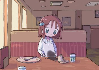 1girl 1nupool :o ahoge blouse blue_eyes blush_stickers bob_cut booth_seating brown_hair ceiling ceiling_light clothes_grab collared_shirt cup diner dot_nose drawing_(object) drinking_glass facing_viewer floor frilled_shirt_collar frills hair_ornament hairclip highres indoors long_sleeves looking_down menu no_pupils original parted_lips picture_frame plate restaurant saucer shade shirt short_hair sidelighting sitting solo spill spilling spoon stain stained_clothes striped table tareme teacup tile_floor tiles transparent upper_body vertical_stripes water white_shirt wing_collar wooden_table