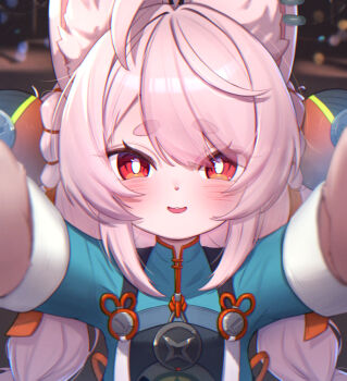 1girl animal_ear_fluff animal_ears blush braid commentary_request furry furry_female hair_ornament long_hair long_sleeves looking_at_viewer open_mouth pink_hair red_eyes revision solo sphere_hair_ornament thick_eyebrows twin_braids uneg zenless_zone_zero zhao_(zenless_zone_zero)