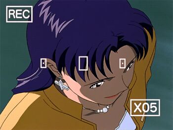 1girl animated animated_gif anime_screenshot breasts cleavage collarbone cross cross_earrings earrings jacket jewelry katsuragi_misato lipstick long_hair looking_at_viewer makeup mature_female necklace neon_genesis_evangelion open_clothes open_jacket purple_hair recording shirt smile v viewfinder white_shirt yellow_jacket
