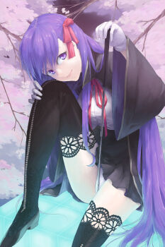 10s 1girl bb_(fate) bb_(fate/extra) black_thighhighs breasts cherry_blossoms fate/extra fate/extra_ccc fate_(series) female_focus hair_ribbon lace lace-trimmed_legwear lace_trim large_breasts long_hair purple_eyes purple_hair ribbon riding_crop solo switch tamago_(pixiv17968) thighhighs torinoko_tamago very_long_hair
