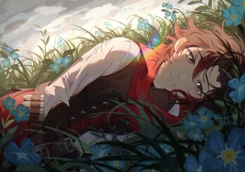 1girl artist_name blue_flower brown_hair cloud cloudy_sky flower grass grey_eyes grey_sky highres long_sleeves looking_at_viewer lying on_grass on_side red_scarf ruby_rose rwby scarf shirt short_hair silverskies sky solo upper_body white_shirt