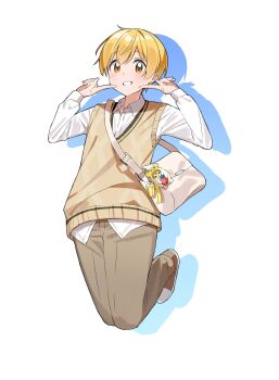 1boy blonde_hair brown_pants brown_sweater_vest drop_shadow floating full_body hair_between_eyes hands_up hashtag-only_commentary highres index_fingers_raised jumping kai_(shell) long_sleeves male_focus pants pointing pointing_at_self root_(stpri) shirt short_hair simple_background smile solo strawberry_prince sweater_vest white_background white_shirt yellow_eyes