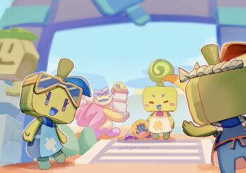 2girls 3boys :d apron billdit_(mario) blue_eyes eyewear_on_head gorumbla guardarm hand_up hashtag-only_commentary highres legs_apart mario_&amp;_luigi:_brothership mario_&amp;_luigi_rpg mario_(series) maykit_(mario) monyorun mother_and_daughter mother_and_son multiple_boys multiple_girls nintendo no_pupils open_mouth outline smile standing standing_on_one_leg sunglasses white_outline willma