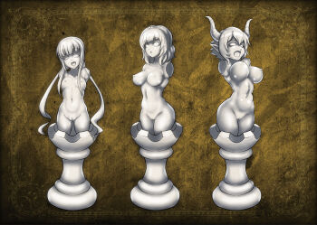 3girls :o absurdres amputee arched_back armless_amputee blank_eyes blunt_bangs bound bound_legs breasts breasts_apart chess_piece chessboard cleavage cleft_of_venus cocked_eyebrow collarbone colored_eyebrows colored_eyelashes colored_nipples colored_sclera colored_skin colored_tongue completely_nude demon_girl demon_horns double_amputee fang flipped_hair floating_breasts gluteal_fold groin half-closed_eye highres horns large_breasts legs_apart legs_together linea_alba lips long_hair long_sidelocks low_twintails multiple_girls navel ningyoushi nipple_indents nipples no_areolae no_irises no_pupils nude objectification open_mouth original petrification planted_legs pointy_ears pupiless_eyes pussy raised_eyebrow shiny_skin short_hair sidelocks small_breasts statue swept_bangs thick_eyelashes tiara toned toned_female tongue transformation twintails uneven_eyes variant_set very_long_hair white_hair white_horns white_nipples white_skin white_tongue yellow_background