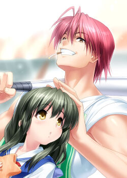 Rule 34 | 00s, 1boy, 1girl, baseball bat, black hair, brown eyes, clannad, furukawa akio, gradient background, grin, ibuki fuuko, long hair, red hair, school uniform, serafuku, short hair, smile, starfish, zen