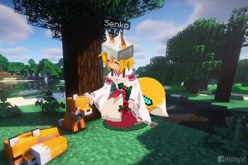 3d crossover day fake_screenshot fox fox_girl glowing highres minecraft minecraft_(style) orange_hair parody photoshop_(medium) reflection river senko_(sewayaki_kitsune_no_senko-san) sewayaki_kitsune_no_senko-san sizuimikoto smile tail