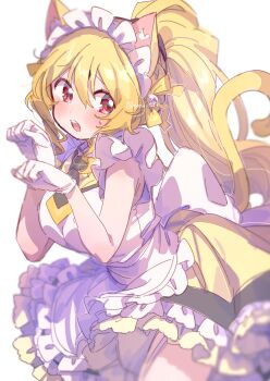 Rule 34 | 1girl, alternate costume, animal ear fluff, animal ears, apron, back bow, blonde hair, blush, bow, breasts, cat ears, cat girl, cat tail, commentary request, cowboy shot, dot nose, double-parted bangs, dress, enmaided, frilled apron, frilled dress, frills, hair between eyes, highres, large breasts, long hair, looking at viewer, magia record: mahou shoujo madoka magica gaiden, mahou shoujo madoka magica, maid, maid headdress, open mouth, ponytail, red eyes, serizawa serizane, simple background, sleeveless, sleeveless dress, solo, sweatdrop, tail, togame momoko, twitter username, white apron, white background, white dress