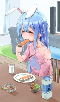 1girl animal_ears bare_shoulders blue_hair blush bread bread_slice butter_knife closed_eyes couch cup drink_carton drinking_glass eating food fork highres hololive jam jar knife kuuneru514 long_hair milk_carton off_shoulder plate rabbit_ears salad sitting solo television toast usada_pekora virtual_youtuber