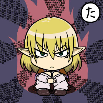 black_dress black_shoes blonde_hair brown_shirt check_commentary check_translation commentary_request dress green_eyes loose_socks maguro_(mawaru_sushi) mizuhashi_parsee pointy_ears sanpaku shirt shoes socks touhou translation_request tsurime