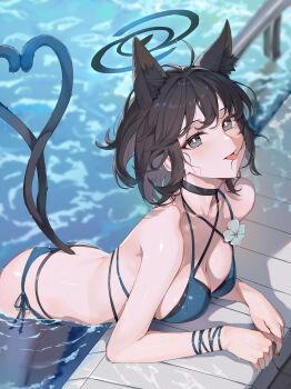 1girl absurdres animal_ears bikini black_choker black_eyes black_hair black_tail blue_archive blue_bikini blue_halo blue_tail breasts bright_pupils cat_ears cat_girl cat_tail choker cleavage criss-cross_straps fingernails gradient_tail halo heart heart_tail highres hokori_sakuni kikyou_(blue_archive) kikyou_(swimsuit)_(blue_archive) layered_bikini looking_at_viewer multiple_tails nail_polish official_alternate_costume partially_submerged poolside short_hair side-tie_bikini_bottom solo swimsuit tail tongue tongue_out two_tails white_pupils