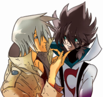 2boys akira-riku akoes beard_stubble blue_eyes bodysuit brown_hair casshern casshern_(series) casshern_sins closed_mouth coat commentary_request facial_hair grey_coat grey_hair hair_between_eyes hand_on_another&#039;s_chin long_bangs looking_at_another male_focus multiple_boys popped_collar red_shirt shirt short_hair simple_background spiked_hair stubble t-shirt upper_body white_background white_bodysuit