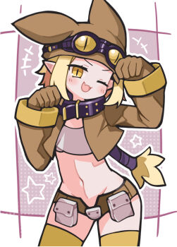 +++ 1girl ;d black_collar blonde_hair blush border brown_gloves brown_hat brown_shorts collar commentary cowboy_shot cropped_jacket disgaea fang gloves goggles goggles_on_headwear hands_up hat highres jacket long_sleeves looking_at_viewer micro_shorts navel one_eye_closed open_clothes open_jacket open_mouth outline outside_border purple_background short_hair shorts sidelocks skin_fang slit_pupils smile solo star_(symbol) suaman thief_(disgaea) thighhighs white_border white_outline yellow_eyes yellow_thighhighs