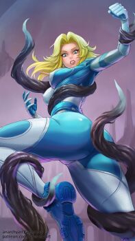 Rule 34 | 1girl, absurdres, anarchyart, ass, blonde hair, blue eyes, bodysuit, breasts, covered erect nipples, energy, fanbox username, fantastic four, from below, frown, highres, long hair, looking down, marvel, marvel rivals, paid reward available, patreon username, skin tight, solo, sue storm, superhero costume, teeth, tentacles, twisted torso