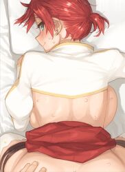 Rule 34 | 1girl, all fours, backboob, blush, boudica (fate), breasts, closed mouth, clothed sex, clothes lift, commentary, cowboy shot, earrings, eyelashes, fate/grand order, fate (series), from above, from behind, green eyes, implied sex, jewelry, large breasts, looking at viewer, looking back, on bed, out-of-frame censoring, pillow, pov, red hair, red skirt, shoe-ji, short hair, short ponytail, shrug (clothing), skirt, skirt lift, smile, solo focus, sweat, thigh strap, thighhighs, white thighhighs