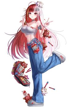 1girl absurdres ahoge akane_lize alternate_costume alternate_eye_color armband bag between_breasts black_choker blood blood_bag blue_pants bracelet breasts character_name choker clothes_writing commentary_request creature crop_top denim double_v earrings eruthu from_side full_body grey_eyes grey_shoes hands_up heart heart_sticker heterochromia highres jeans jewelry korean_commentary large_breasts leg_up looking_at_viewer looking_to_the_side midriff multicolored_hair nail_polish navel open_bag panties pants panty_peek parted_lips pienna_(akane_lize) pink_nails red_eyes red_hair ring shoes simple_background solo sports_panties standing standing_on_one_leg stellive sticker strapless streaked_hair test_tube tube_top underwear underwear_writing v virtual_youtuber white_background white_hair white_panties white_tube_top