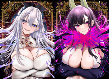 2girls ane_naru_mono arms_under_breasts black_jacket blue_eyes blush breasts chiyo_(ane_naru_mono) cleavage closed_mouth commentary commentary_request crossed_arms demon_girl facial_mark fingernails hair_between_eyes head_tilt highres horizontal_pupils horns indie_virtual_youtuber jacket jacket_on_shoulders large_breasts light_blush long_fingernails long_hair looking_at_viewer m_(1n910) mark_under_eye mole mole_under_eye mole_under_mouth monster_girl multiple_girls nail_polish open_mouth pink_pupils pochimaru_(vtuber) pointy_ears purple_eyes purple_hair red_nails slit_pupils smile symbol-only_commentary upper_body virtual_youtuber white_hair