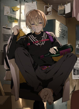1boy barefoot black_pants black_shirt blush bottle brown_hair chair chest_harness coat drunk feet fura_kanato fura_kanato_(1st_costume) gauze gauze_on_cheek glass_bottle hair_between_eyes harness hashtag-only_commentary highres holding holding_unworn_clothes indoors male_focus matsuhago nijisanji pants purple_eyes shirt short_hair sitting solo swivel_chair toes turtleneck turtleneck_shirt virtual_youtuber white_coat wine_bottle