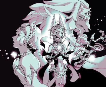 animal_earrings armlet bare_shoulders black_background bracelet braid breasts choker circlet clenched_teeth crown_braid dress goat_boy goat_girl greyscale hair_rings half-closed_eyes hand_on_own_chest horizontal_pupils jewelry mask mask_on_head medium_breasts midriff mineru_(zelda) monochrome navel nintendo open_mouth own_hands_together parted_bangs princess_zelda rauru_(tears_of_the_kingdom) short_hair sidelocks strapless strapless_dress teardrop_facial_mark teeth the_legend_of_zelda the_legend_of_zelda:_tears_of_the_kingdom third_eye tsuyuga twitter_username upper_body zonai