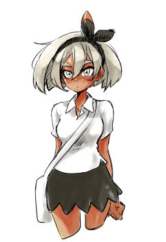 Rule 34 | 1girl, bag, bea (pokemon), black hairband, black skirt, blonde hair, bow hairband, clenched hand, closed mouth, collared shirt, commentary request, cropped legs, dark-skinned female, dark skin, eyelashes, grey eyes, hair between eyes, hairband, highres, nintendo, pokemon, pokemon swsh, shirt, short hair, short sleeves, shoulder bag, simple background, skirt, solo, u4 99384295, white background, white bag, white shirt