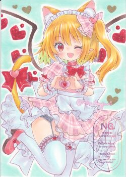 Rule 34 | 1girl, alternate costume, animal ear fluff, animal ears, apron, back bow, blonde hair, bow, bowtie, breasts, cat ears, cat girl, cat tail, choker, commentary, crystal, crystal wings, dated, dress, enmaided, fang, flandre scarlet, garter straps, green background, hair bow, heart, heart hands, heart in eye, heart in heart hands, highres, kemonomimi mode, looking at viewer, maid, maid headdress, mary janes, one eye closed, one side up, open mouth, pink bow, pink choker, pink dress, pink shoes, pointy ears, puffy short sleeves, puffy sleeves, red bow, red bowtie, red eyes, shoes, short sleeves, signature, skin fang, sleeve bow, small breasts, smile, solo, symbol in eye, tail, tail bow, tail ornament, thighhighs, touhou, traditional media, tsugumi (tky-fam), waist apron, watermark, white apron, white bow, white thighhighs, wings, wrist cuffs