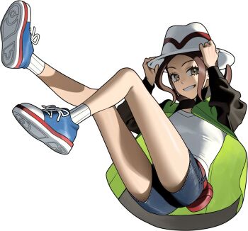 Rule 34 | 1girl, 987645321o, blue shoes, blue shorts, breasts, brown eyes, brown hair, green jacket, grin, harmony (pokemon), hashtag-only commentary, hat, jacket, long sleeves, looking at viewer, nintendo, open clothes, open jacket, open mouth, pokemon, pokemon legends: z-a, ribbed socks, shirt, shoes, short hair, shorts, smile, socks, solo, striped hat, teeth, white hat, white shirt, white socks