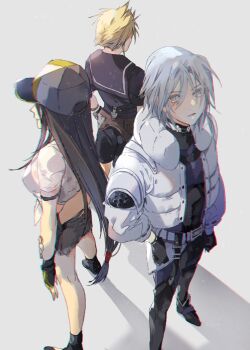 Rule 34 | 1girl, 2boys, aged down, arm behind back, bare legs, baseball cap, bikini, bikini under clothes, black bikini, black footwear, black gloves, black hair, black sailor collar, black shirt, black shorts, blonde hair, bombyxmori ckr, breasts, closed mouth, cloud strife, cloud strife (maritime sailor), commentary, denim, denim skirt, english commentary, final fantasy, final fantasy vii, final fantasy vii: ever crisis, fingerless gloves, from behind, gloves, grey background, grey hair, grey skirt, hand on own arm, hands on own hips, hat, highres, jacket, large breasts, lifeguard, long hair, looking at viewer, low-tied long hair, male swimwear, miniskirt, multiple boys, official alternate costume, open clothes, open jacket, sailor collar, see-through clothes, see-through shirt, sephiroth, sephiroth (ever crisis), sephiroth (natant jacket), shirt, short hair, short sleeves, shorts, skirt, standing, swim trunks, swimsuit, tied shirt, tifa lockhart, tifa lockhart (lifeguard), white jacket, white shirt