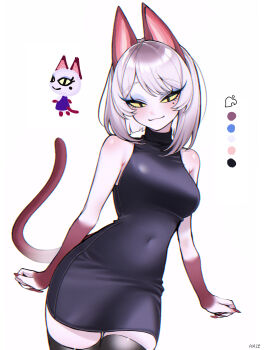 1girl absurdres animal_crossing animal_ears artist_name bare_shoulders black_dress black_thighhighs breasts cat_ears cat_girl cat_tail closed_mouth colored_extremities commentary_request covered_navel dot_nose dress fingernails half-closed_eyes haze_(7h4ze) highres large_breasts long_fingernails looking_at_viewer medium_hair mole mole_under_eye nail_polish nintendo olivia_(animal_crossing) red_hands red_nails reference_inset short_dress simple_background sleeveless sleeveless_dress slit_pupils tail tail_raised thighhighs white_background white_hair yellow_eyes