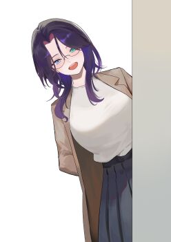 Rule 34 | 1girl, absurdres, arms behind back, black skirt, blue eyes, brown coat, coat, commentary, commission, glasses, green eyes, heterochromia, highres, long hair, long sleeves, looking at viewer, nbee ya, open clothes, open coat, open mouth, original, purple hair, shirt, simple background, skirt, solo, white background, white shirt