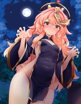 1girl absurdres akai_watame alternate_costume black_dress bonnibelle_amai breasts china_dress chinese_clothes closed_mouth commentary commission dress english_commentary full_moon gold_trim hat highres indie_virtual_youtuber jiangshi_costume lockonspace long_hair long_sleeves looking_at_viewer moon night no_panties ofuda ofuda_on_head orange_eyes orange_hair outdoors outstretched_arms pelvic_curtain qingdai_guanmao revealing_clothes second-party_source sky small_breasts solo virtual_youtuber wide_sleeves zombie_pose