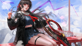 1girl arm_cutout black_choker black_hair black_jacket black_serafuku black_shirt black_skirt blue_sky breasts chisa_(wuthering_waves) choker clothing_cutout commentary crop_top darkyo07 day english_commentary hair_ribbon highres holding holding_sword holding_weapon jacket long_hair long_sleeves medium_breasts mole mole_under_eye neckerchief parted_lips red_eyes red_neckerchief red_ribbon ribbon sailor_collar school_uniform serafuku shirt sitting skirt sky solo sword tacet_mark_(wuthering_waves) thigh_strap weapon white_sailor_collar wuthering_waves
