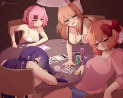 4girls :3 angry arm_rest bare_shoulders black_bra black_panties bow bra breasts card chair clenched_hand closed_eyes closed_mouth cup doki_doki_literature_club drinking_glass elbow_rest from_behind from_side green_eyes grey_background hair_between_eyes hair_bow hair_ribbon hand_rest head_on_table highres indoors king_(playing_card) lamp large_breasts leaning_back long_hair looking_at_another looking_at_viewer medium_breasts medium_hair monika_(doki_doki_literature_club) multiple_girls natsuki_(doki_doki_literature_club) no_shirt nude open_mouth orange_hair panties pink_bow pink_hair pink_sweater playing_card poker_chip pout purple_eyes purple_hair queen_(playing_card) raion_(raionart) reaching reaching_towards_another red_bow red_ribbon ribbon sayori_(doki_doki_literature_club) short_shorts short_sleeves shorts shot_glass sideboob sitting sleeping smug strip_game strip_poker sweater table thighs twintails underwear upper_body white_bra yuri_(doki_doki_literature_club)