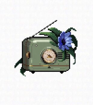 blue_flower commentary_request flower ms._radio no_humans object_focus pixel_art radio reverse:1999 simple_background white_background xjsbca