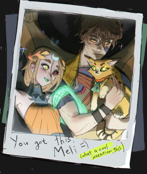 1boy 1girl animal black_sclera blonde_hair blue_lips brown_hair cat closed_mouth colored_sclera commentary dress english_commentary english_text green_eyes hades_(series) hades_2 hair_between_eyes heterochromia highres icarus_(hades) laurel_crown lipstick looking_at_another makeup mechanical_wings melinoe_(hades) muscular muscular_male orange_dress photo_(object) red_eyes rikku_the_leaf short_hair smile toula_(hades) wings yellow_eyes