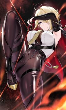 1girl absurdres bare_shoulders black_gloves blonde_hair breasts chest_harness elbow_gloves evelyn_chevalier gloves harness high-waist_pants highres jacket jacket_on_shoulders large_breasts looking_to_the_side necktie oxygen_mask_(oxygenmask233) pants purple_eyes short_hair solo thighs thread tight_clothes tight_pants zenless_zone_zero