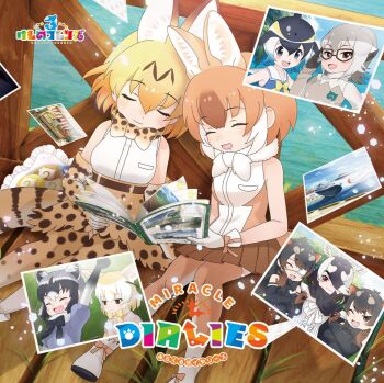 6+girls animal_ears australian_devil_(kemono_friends) belt black_hair blackbuck_(kemono_friends) blonde_hair bow bowtie brown_hair cardigan cat_ears cat_girl cat_tail cloak common_dolphin_(kemono_friends) common_raccoon_(kemono_friends) copyright_name cow_ears cow_girl cow_horns dhole_(kemono_friends) dolphin_girl dress elbow_gloves extra_ears eyepatch fennec_(kemono_friends) food fox_ears fox_girl glasses gloves grey_hair hair_over_one_eye highres horns japari_bun kemono_friends kemono_friends_3 long_hair meerkat_(kemono_friends) meerkat_ears multiple_girls note official_art photo_(object) raccoon_ears raccoon_girl sailor_dress serval_(kemono_friends) shirt shoes short_hair skirt sleeveless sleeveless_shirt tail tasmanian_devil_(kemono_friends) thighhighs wolf_ears wolf_girl wolf_tail
