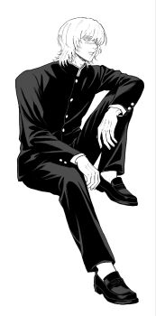 Rule 34 | 1boy, badeni, buttons, chi.: chikyuu no undou ni tsuite, closed mouth, commentary request, contemporary, full body, gakuran, highres, invisible chair, jacket, male focus, medium hair, pants, scar, scar on face, scar on mouth, school uniform, shoes, sitting, solo, yodaka orb