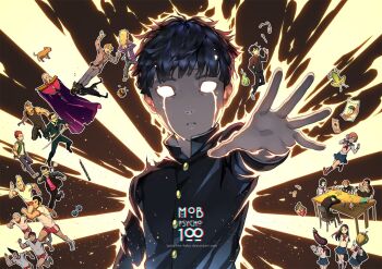 5girls 6+boys animal black_hair black_jacket blank_eyes character_request commentary copyright_name crying crying_with_eyes_open dog ekubo_(mob_psycho_100) energy english_commentary frog gakuran hand_up highres jacket kageyama_ritsu kageyama_shigeo looking_at_viewer lydialing_draws male_focus mezato_ichi mob_psycho_100 multiple_boys multiple_girls onigawara_tenga open_mouth parted_lips reigen_arataka school_uniform short_hair solo_focus streaming_tears tears upper_body