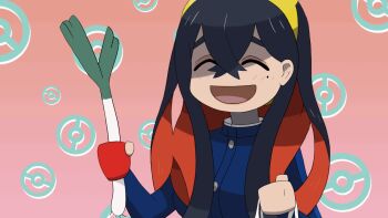 1girl animated animated_gif black_hair blueberry_academy_school_uniform carmine_(pokemon) chibi closed_eyes colored_inner_hair drawfag food gloves hair_between_eyes holding holding_food holding_spring_onion holding_vegetable leekspin_(meme) meme mole mole_under_eye multicolored_hair nintendo pokemon pokemon_sv red_hair school_uniform single_glove smile solo spring_onion two-tone_hair upper_body vegetable