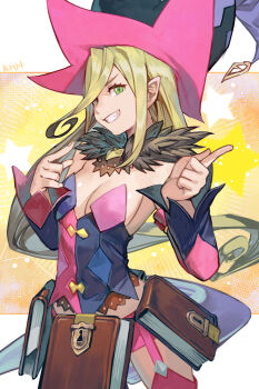 1girl asymmetrical_sleeves blonde_hair book breasts cowboy_shot detached_sleeves green_eyes grin hands_up hat hungry_clicker keyhole looking_at_viewer magilou_(tales) mismatched_sleeves pink_hat pointy_ears smile solo strapless tales_of_(series) tales_of_berseria teeth witch_hat