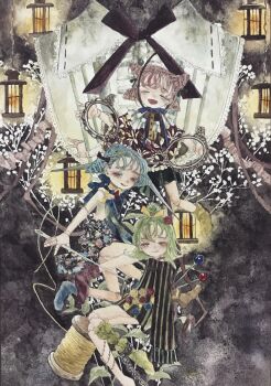 Rule 34 | 3girls, absurdres, acrylic paint (medium), blue hair, bow, braid, brown hair, commentary request, dress, flower, full body, green eyes, green hair, hair bow, highres, karintoun, lace, lantern, looking at viewer, multiple girls, needle, open mouth, original, painting (medium), plant, puppet, red eyes, ribbon, short hair, signature, sitting, smile, spool, striped clothes, striped dress, surreal, thread, traditional media, watercolor (medium)