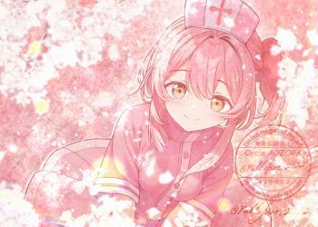 Rule 34 | 1girl, blue archive, breasts, cherry blossoms, closed mouth, commentary request, dress, feather hair, hat, looking at viewer, medium breasts, nillfier 2022, nurse, nurse cap, official alternate costume, one side up, pink dress, pink eyes, pink hair, pink hat, pink theme, serina (blue archive), serina (nurse) (blue archive), short sleeves, signature, smile, solo, upper body, watermark