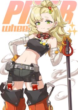 1girl :3 armcho belt black_shorts blonde_hair character_name detached_pants earrings elbow_gloves gloves goggles goggles_around_neck green_eyes hand_on_own_hip jewelry long_hair midriff navel piper_wheel shorts stud_earrings zenless_zone_zero